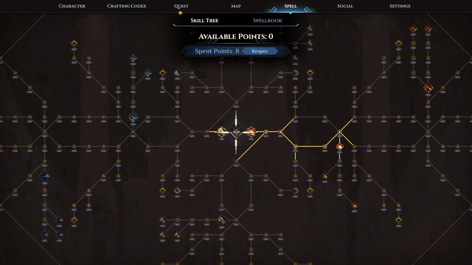 The skill tree and spellbook interface in Dimraeth